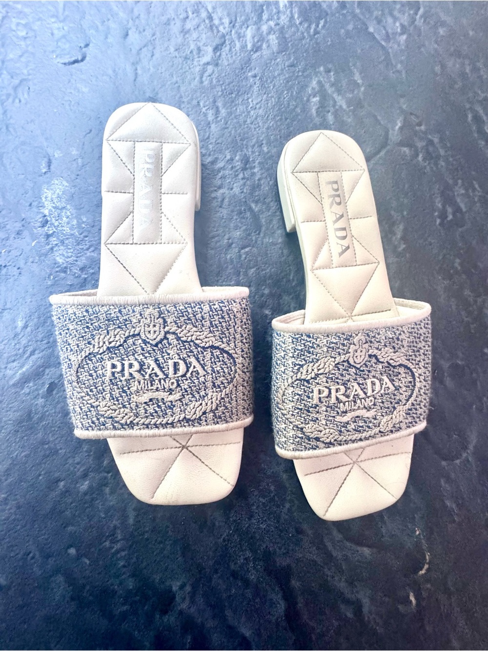 Prada White Quilted Slide Sandals with Blue Embroidered Straps